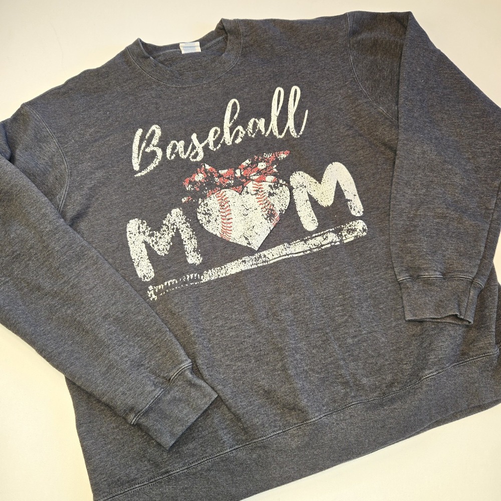 Baseball Mom Distress Graphic Gray Crewneck Sweatshirt Women's Size XL